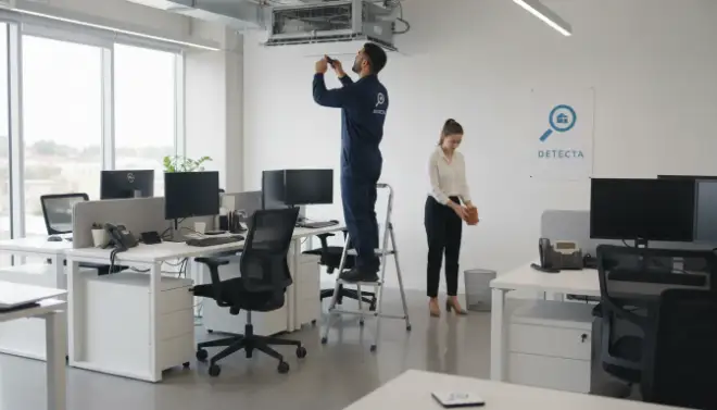 Técnico da Detecta inspecionando ar-condicionado para proteger a empresa contra o Aedes aegypti.