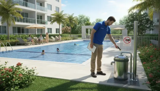 Profissional da Detecta inspecionando a área da piscina de um condomínio contra o Aedes aegypti.