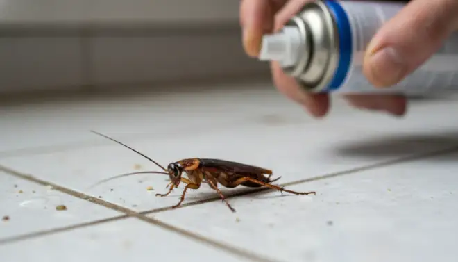 Barata no piso, exemplo de praga tratada por dedetização, desinsetização ou controle integrado de pragas.