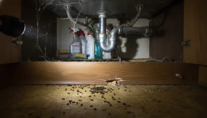 Sinais de roedores escondidos na cozinha que indicam que o imóvel pode estar infestado.