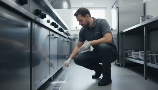 Técnico da Detecta inspecionando cozinha comercial durante o controle de formigas em empresas.