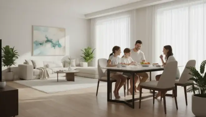Casa limpa e sem formigas após controle profissional, com a família tranquila.