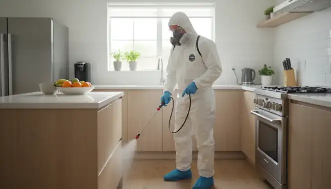 Técnico aplicando produto em cozinha durante dedetização segura contra baratas.