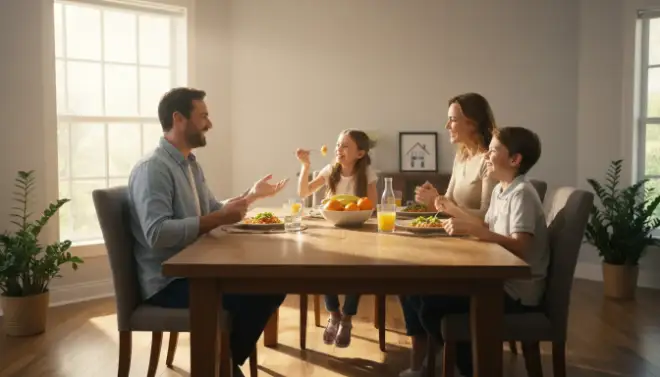 Família jantando tranquila em casa após uma dedetização segura para crianças e pets.