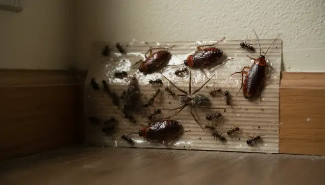 Armadilha adesiva com insetos capturados, recurso usado na dedetização e no monitoramento de pragas.