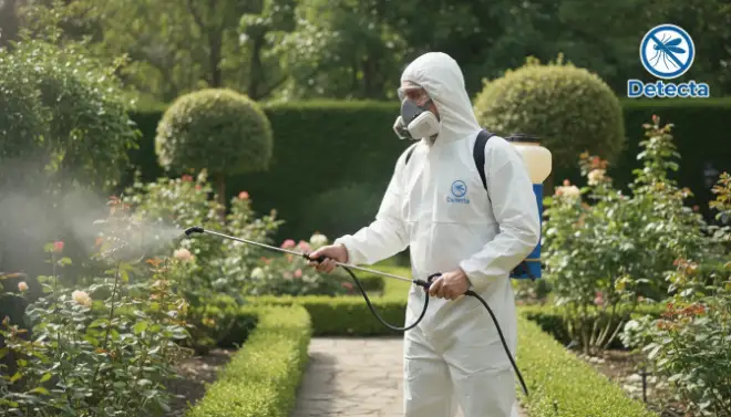 Técnico aplicando inseticida no quintal para controle de mosquitos